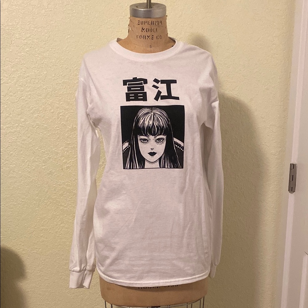 Urban Outfitters White Long Sleeve Graphic Tee with Black Illustration